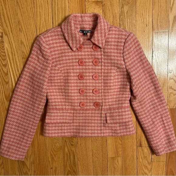 Dalia Jackets & Blazers - Dalia Womens Pink Cream Houndstooth Wool Blend Blazer Jacket Sz 8